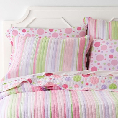 Pink and Green Striped Cotton Twin Quilt Set