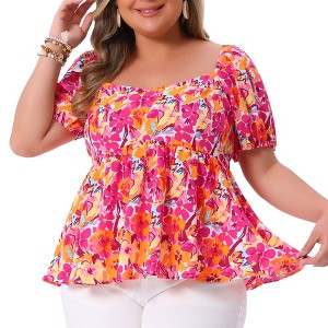 Women's Plus Size Floral Ruffle Hem Sweetheart Neck Short Sleeve Back Smocked Blouses - Agnes Orinda - 1 of 4
