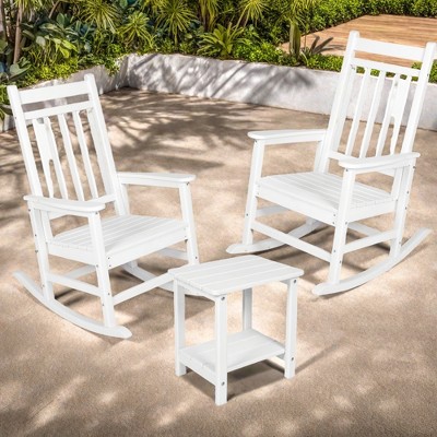 FURNIinspire Patio Seating Sets 3 Pieces Outdoor Rocking Chair With Side Table, Wood Texture Rocking Chairs With White Side Table, White, 35“*23”*41“