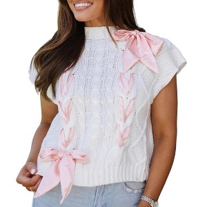 Women's Lace Up Ribbon Sweater Vest Cap Sleeve Knit Tank Top Bow Twist Crochet Casual Blouses - 1 of 4