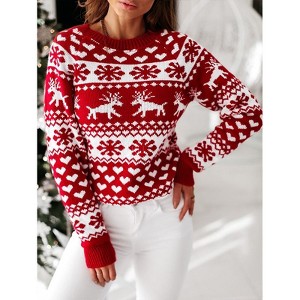 Coolmee Women's Christmas Snowflake Reindeer Knitted Sweater Long Sleeve Crew Neck Heart Animal Print Pullover Knitwear - 1 of 4