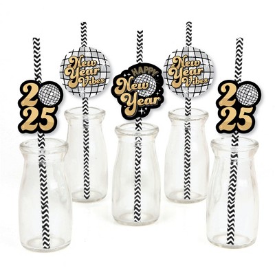 Big Dot of Happiness Disco New Year - Paper Straw Decor - Groovy 2025 NYE Party Striped Decorative Straws - Set of 24