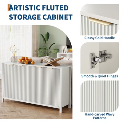 Promotional collage of white fluted storage cabinet with accessories like handles, hinges, and hand-carved wavy pattern