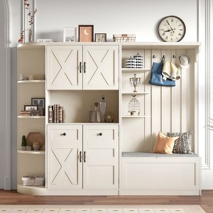 CAVINAS Hall Tree with 4 Hooks Combined Coat Rack with Soft Bench, Storage Cabinet and Open Shelves for Hallway - 1 of 4
