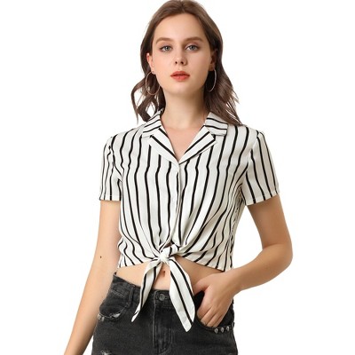 Allegra K Women's Retro Striped Button Up Short Sleeve Tie Front Crop Shirt
