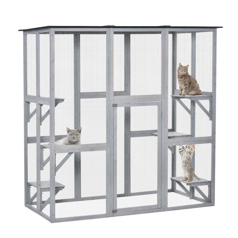 PawHut Large Wooden Outdoor Cat House Catio Enclosure, Kitten Cage with Weather Protection, Cat Patio with 6 Platforms - 71"L, 5 of 8