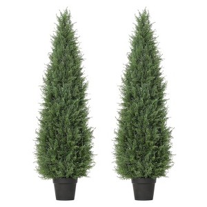2 Pack Artificial Cedar Topiary Trees Outdoor - UV Resistant Fake Potted Plants for Porch, Patio, Wedding Decor - Realistic Low - 1 of 4