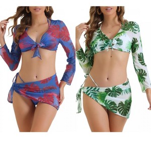 INSPIRE CHIC Women's Drawstring Halter Tie Back Triangle Bottoms Cover Up Tops and Bottoms Swimsuit 2 Sets - 1 of 4