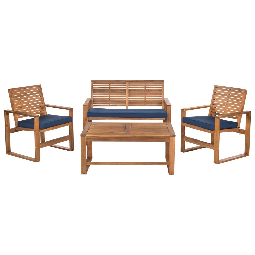 Ozark 4pc Acacia Wood Patio Conversation Set - Brown/ Navy - Safavieh