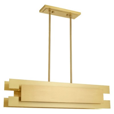 Satin Brass Modern 4-Light Linear Chandelier with Solid Brass Panels