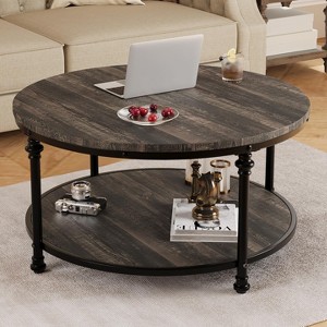 Round Coffee Table for Living Room Rustic Center Table with Storage Shelf - 1 of 4