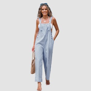 Women's Blue Striped Square Neck Straight Leg Overalls - Cupshe - 1 of 4