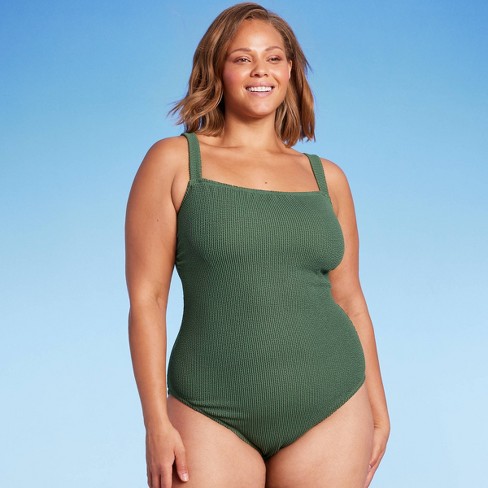 Women's Pucker Textured Square Neck Full Coverage One Piece Swimsuit - Kona  Sol™ Dark Green 22 : Target