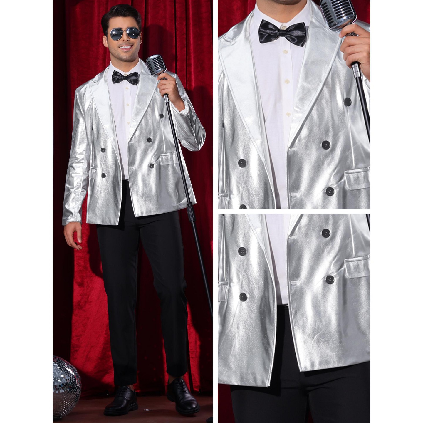 Мужской пиджак Lars Amadeus Peak Lapel Double-Breasted Party Disco Sparkly Metallic Blazer Silver, цвет: Серебряный — фото 4