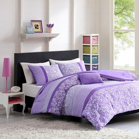 Angela Polka Dot Floral Comforter Set Purple Target