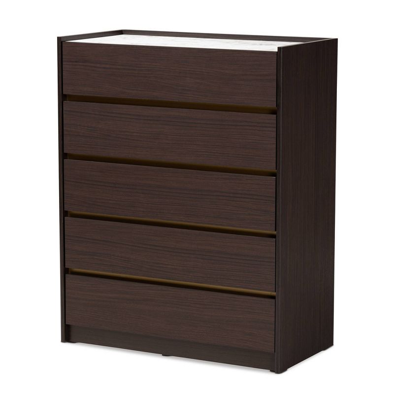 Walker Wood 5 Drawer Chest with Faux Marble Top Dark Brown/Marble/Gold - Baxton Studio, 1 of 10