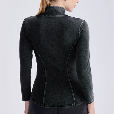 Женские куртки YesFashion Women Stand Collar Zip Up Denim Look Jacket Seamed Fitted Long Sleeve Stretchy Slim Outerwear with Side Pockets Gray L — фото 3