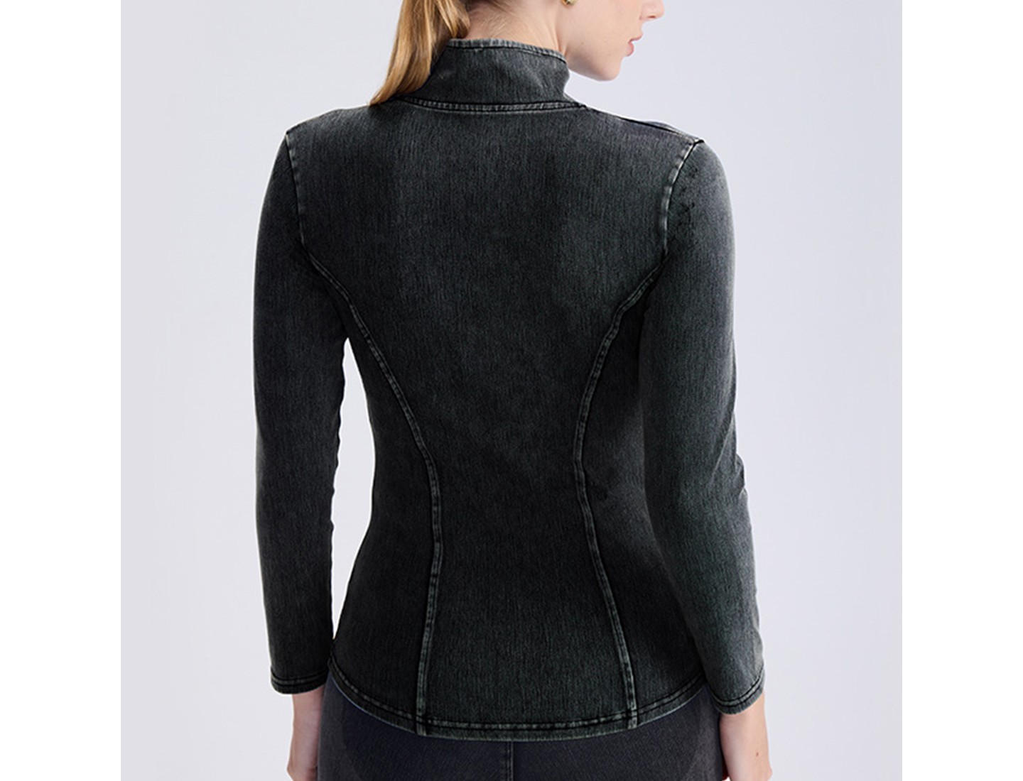 Женская куртка YesFashion Women Stand Collar Zip Up Denim Look Jacket Seamed Fitted Long Sleeve Stretchy Slim Outerwear with Side Pockets Gray, цвет: Джинсовый — фото 3
