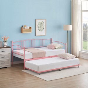 Homhougo Twin Rectangular Twin Metal Daybed with Trundle, Sofa Bed Frame with 6 Casters and Steel Slat Support Pink - 1 of 4