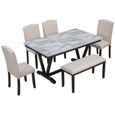VYNXARIA Modern Style 6-piece Dining Table with 4 Chairs & 1 Bench, Table with Marbled Veneers Tabletop and V-shaped Table Legs (White)