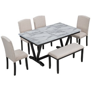 VYNXARIA Modern Style 6-piece Dining Table with 4 Chairs & 1 Bench, Table with Marbled Veneers Tabletop and V-shaped Table Legs (White) - 1 of 4