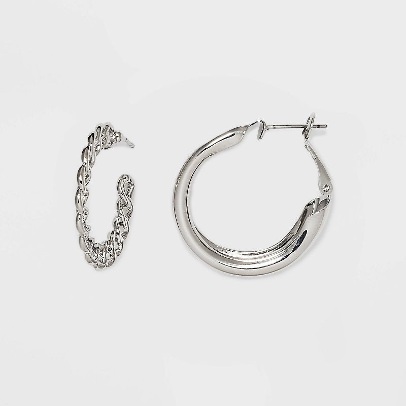 Frozen Chain and Chunky Hoop Earring Set 3pc - Wild Fable&#8482; Silver, 3 of 5