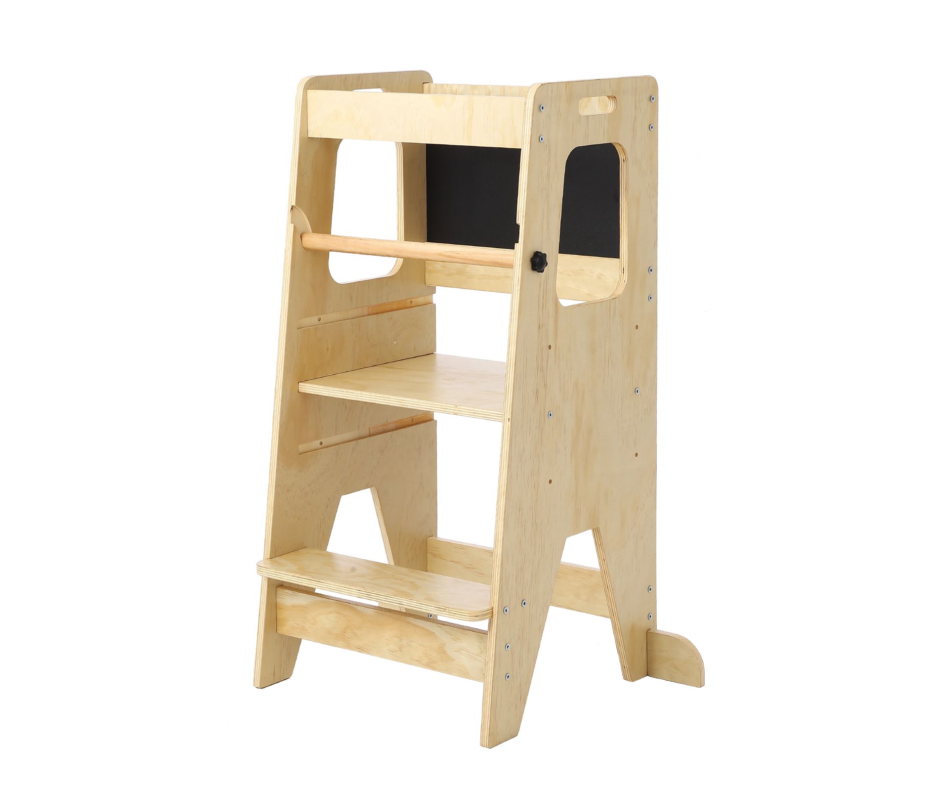 Kids Wooden Kitchen Step Stool, Adjustable Platform with Safety Rail Blackboard, Toddler Helper for Bathroom Kitchen Counter, Natural