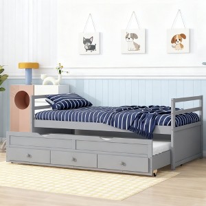 Luxystar Twin Size Pine Wood Bed with Headboard, Trundle and 3 Storage Drawers for Bedroom and Guest Room - 1 of 4