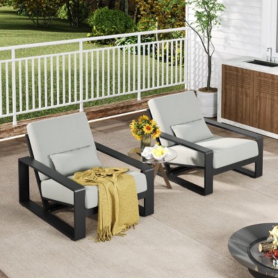 Outdoor Club Chairs for Two, Modern Aluminum Frame Lounge Chairs with Black Arms and Grey Cushions-Maison Boucle