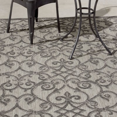 Aloha Floral Grey Charcoal Round 43" Synthetic Outdoor Rug