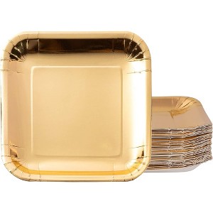 Juvale 48-Pack Disposable Metallic Gold Foil Paper Square Plates Party Supplies 9-Inch - 1 of 4