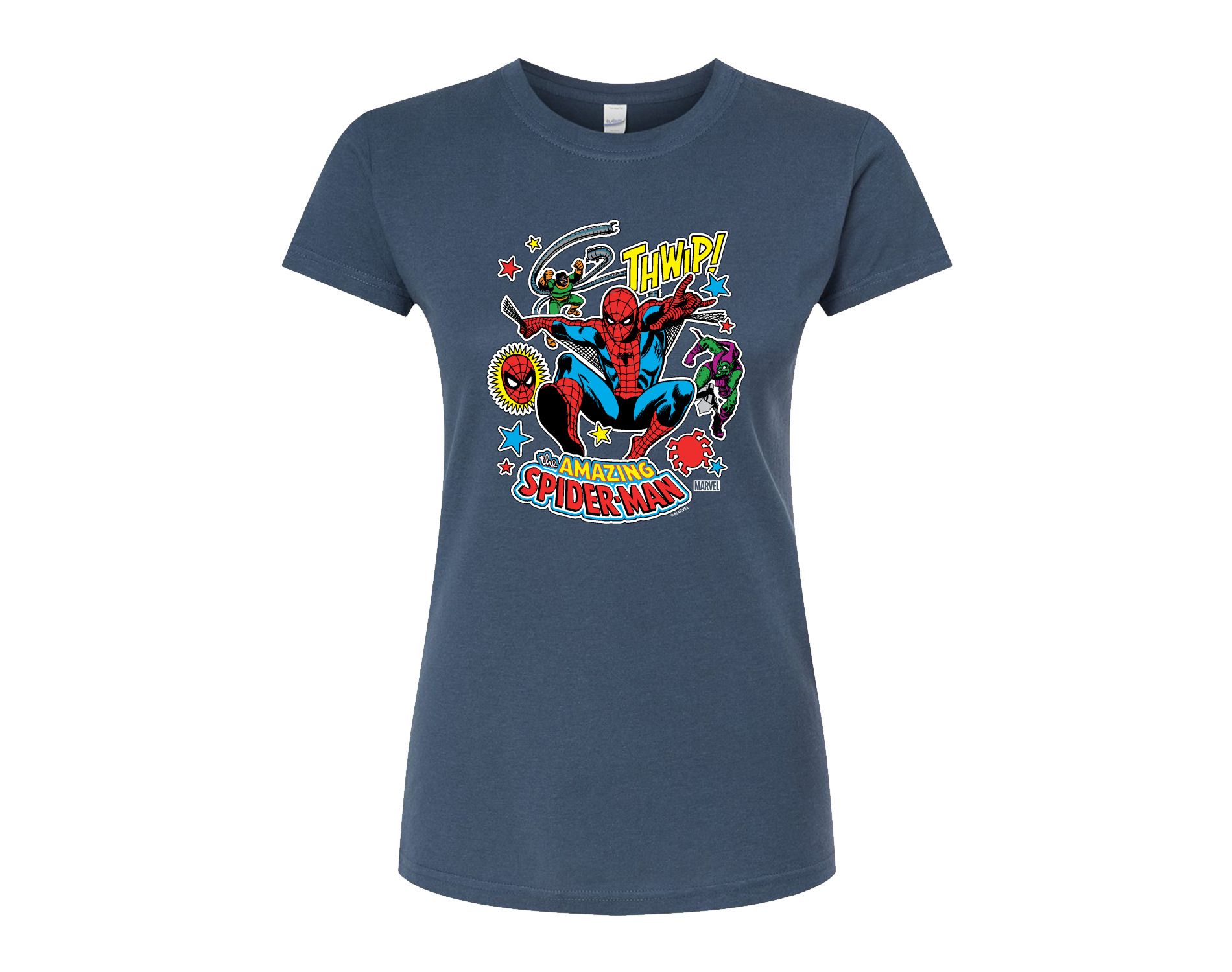 Women's Marvel Spider-man Stickers Style Fitted Graphic T-Shirt - Indigo - Large