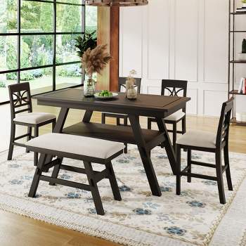 Rustic 6-Piece Wood Counter Height Dining Table Set with Storage Shelf, 4 Chairs and Bench-ModernLuxe