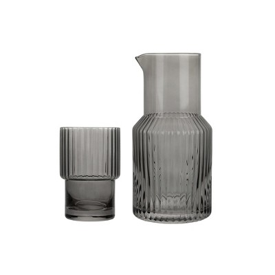 Elle Decor Ribbed 2-Piece Carafe Set Bedside Night Water Carafe, Glass Pitcher and Cup that Doubles as a Lid Glass Tumbler, Gray