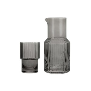 Elle Decor Ribbed 2-Piece Carafe Set Bedside Night Water Carafe, Glass Pitcher and Cup that Doubles as a Lid Glass Tumbler, Gray - 1 of 4