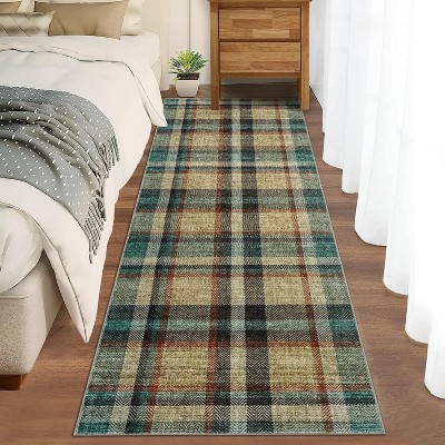 Washable Non-Slip Runner Rug - Plaid Hallway, Kitchen, Entryway Mat - Stain Resistant Farmhouse Carpet
