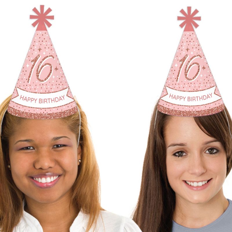 Big Dot of Happiness 16th Pink Rose Gold Birthday - Cone Happy Birthday Party Hats for Adults - Set of 8 (Standard Size), 2 of 8