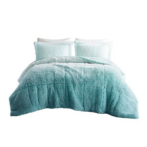 Intelligent Design Brielle Ombre Shaggy Faux Fur Comforter Set, Plush Reverse, All Season Bedding with Matching Sham, Aqua,King/Cal King - 1 of 1