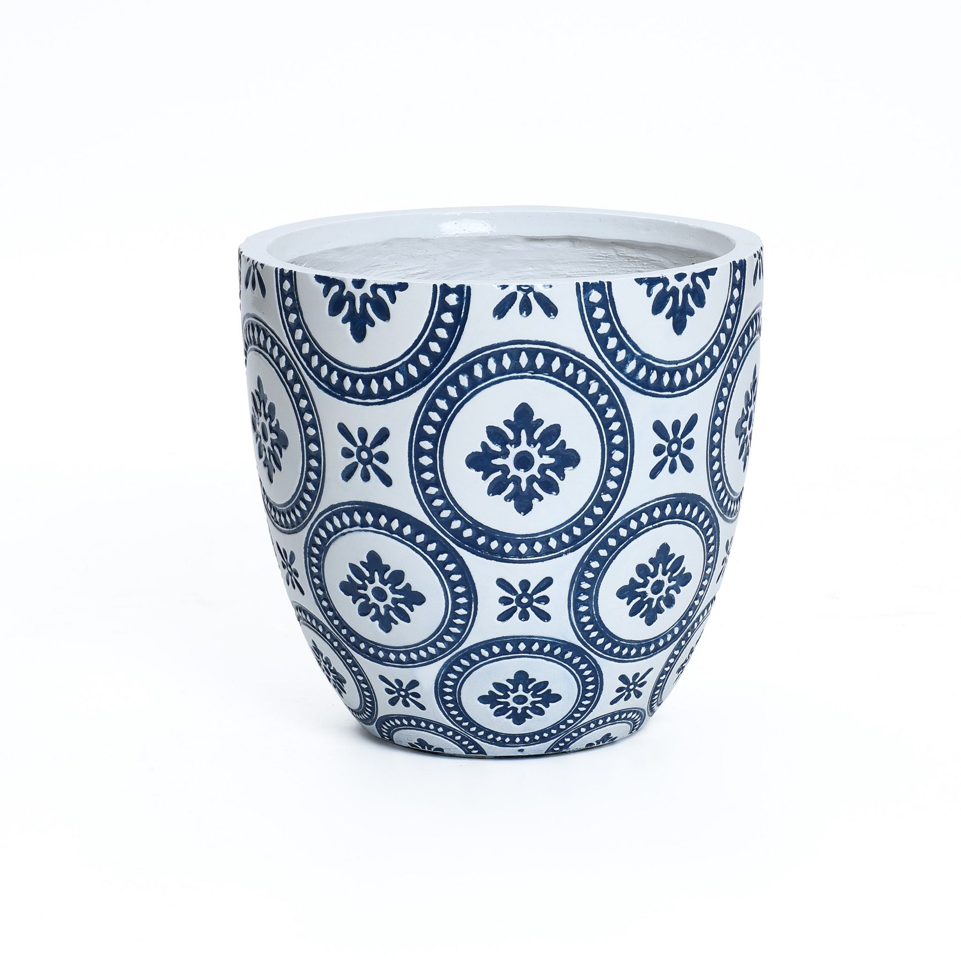LuxenHome 12" Dia Round Tapered Concrete Planter Large Outdoor Indoor Decorative Plant Pot Blue and White Flower Pattern Pot Planter