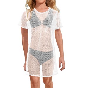 Girls Round Neck Mesh Fabric Short Sleeve Swim Dress Cover-Up Summer Casual Dress - 1 of 4