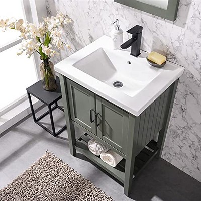 24-inch Pewter Green Solid Poplar Vanity with White Ceramic Sink