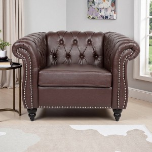 39" PU Leather 1-Seater Sofa with Soft Cushions and Wood Legs - 1 of 4