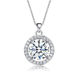 White gold plated necklace with cubic zirconia solitaire halo pendant, exuding elegance and radiance for a classic look - 1 of 3