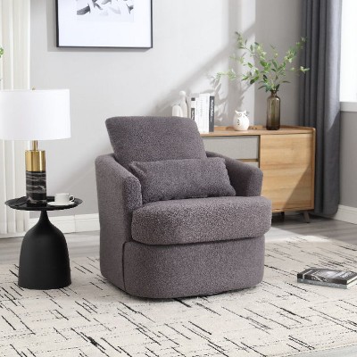 CAVINAS Modern Swivel Lounge Chair, Ergonomic Round Arm Accent Chair with PU Leather Upholstery, 360-Degree Rotating Base & Dual Pillow Support