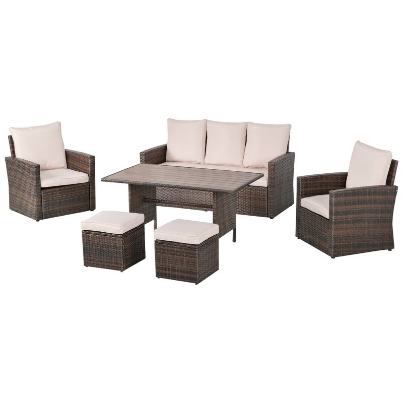 Outsunny 6 PCS Patio Dining Set All Weather Rattan Wicker Furniture Set with Wood Grain Top Table and Soft Cushions, 4 of 9