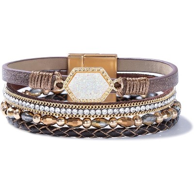 Crystal Beaded Leather Wrap Bracelet with Resin Stone Center, Stackable Boho Cuff with Magnetic Clasp for Women