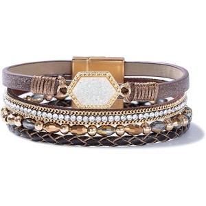 Crystal Beaded Leather Wrap Bracelet with Resin Stone Center, Stackable Boho Cuff with Magnetic Clasp for Women - 1 of 4