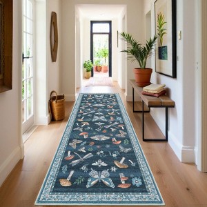 2x6FT Modern Washable Area Rug, Insect Floral Print Floor Cover with Non Slip Backing, Low Pile Stain Resistant Indoor Carpet for Bedroom - 1 of 4