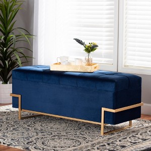 Parker Velvet Upholstered and Metal Storage Ottoman Blue/Gold - Baxton Studio: Rectangular Bench with Bow Pattern - 1 of 4