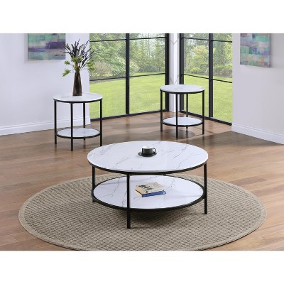 3pc Modern Cocktail Set 1x Round Coffee Table and 2x End Table Black Finish Living Room Wooden Furniture